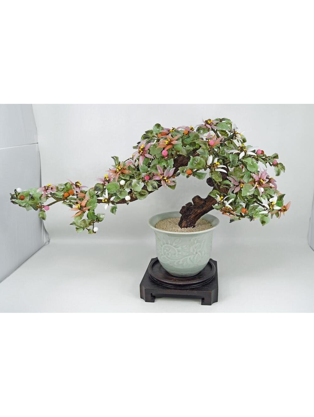 Vintage Mid Century Chinese Glass Jade Quartz Bonsai Flower Tree Celadon Pot 21"